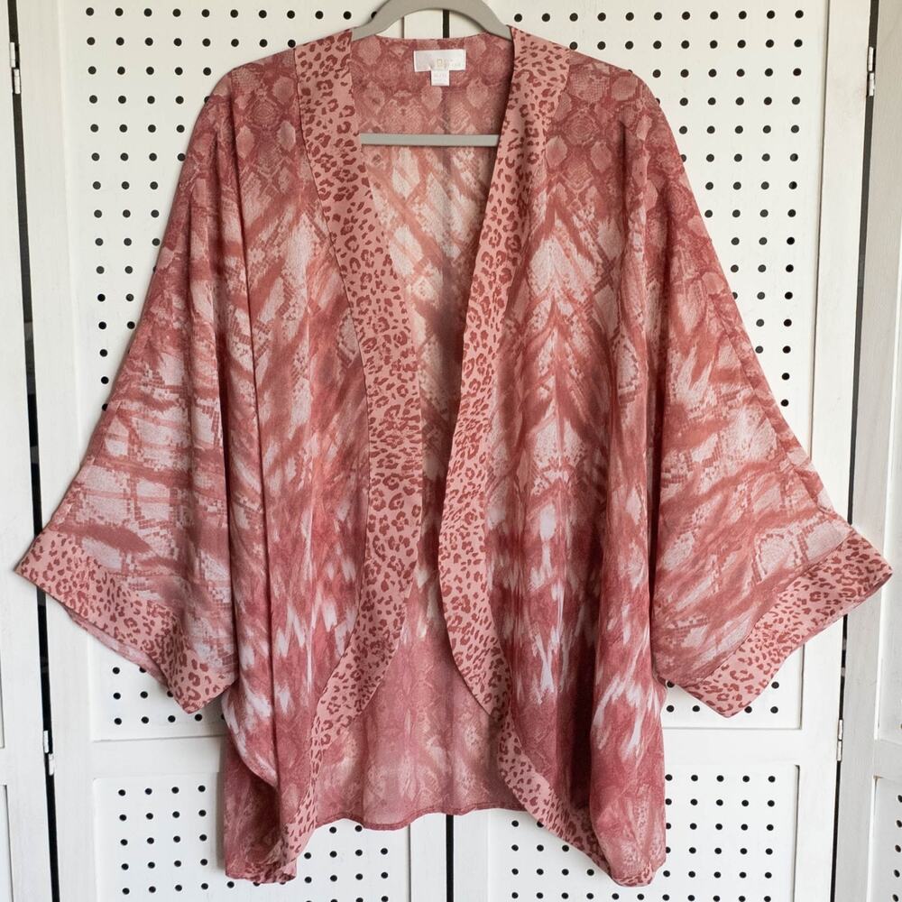 Belle by Kim Gravel Animal Print Kimono Womens Size XL/1X Rose Pink Open Front